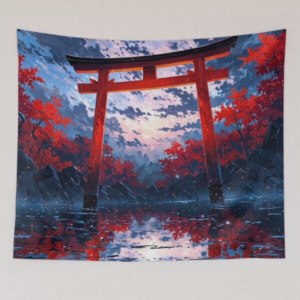 Item preview, Red Japanese Torii Gate Autumn Maple Lake Night Sky Anime Landscape Art designed and sold by LYAN-STORE.