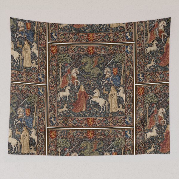 Item preview, Medieval tapestry art featuring knights, dragons, fair maidens and unicorns designed and sold by Vintage Designs +.