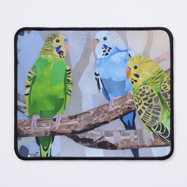 Item preview, Three colorful budgies collage designed and sold by Kathryn Green.