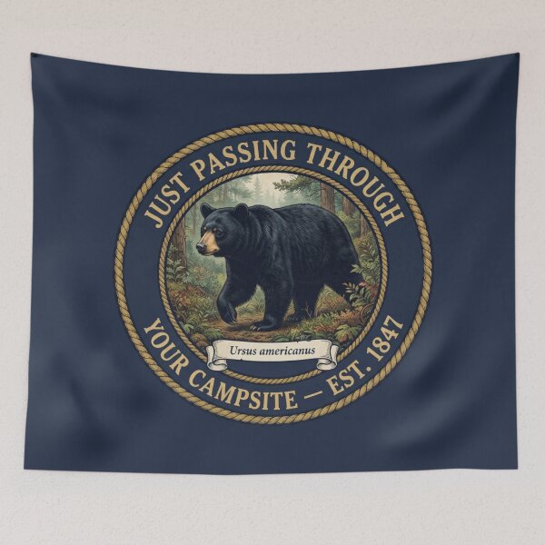 Item preview, Just Passing Through Campsite Bear Club Humor Badge designed and sold by CalmCapy Co.