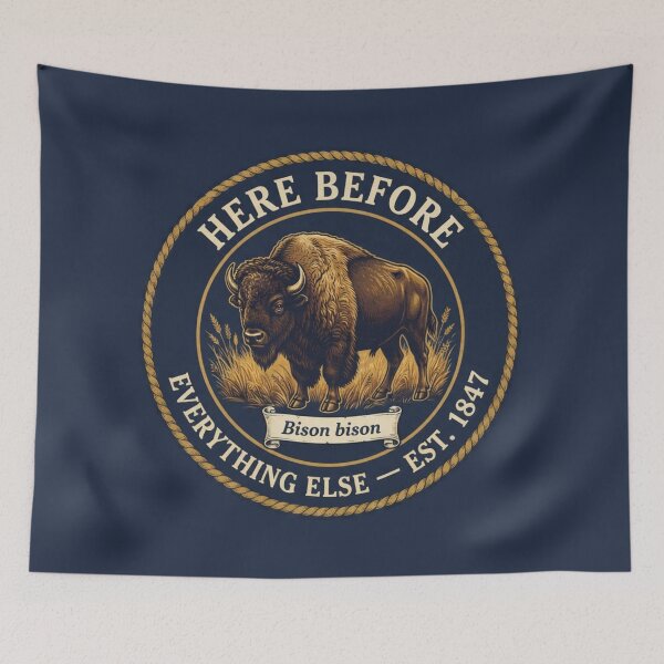 Item preview, Here Before Everything Else Bison Club Humor Badge designed and sold by CalmCapy Co.
