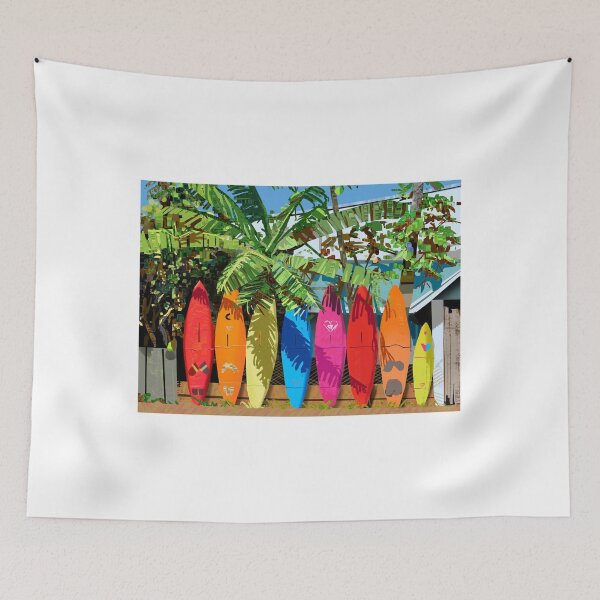 Item preview, Colorful Surfboards Lined Up Under Tropical Palm Fronds designed and sold by MerriliGueneve.