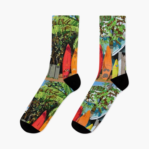 Item preview, Colorful Surfboards Lined Up Under Tropical Palm Fronds designed and sold by MerriliGueneve.