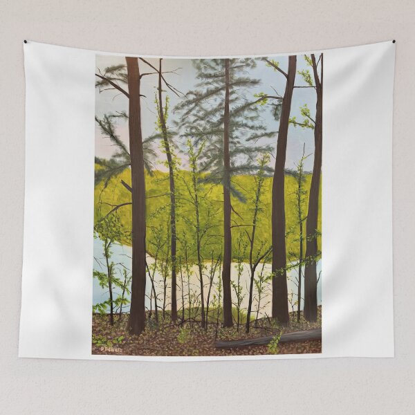 Item preview, Sunlit Forest Reflection Green Landscape Painting designed and sold by POPILATA.
