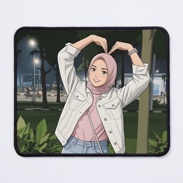 Item preview, Pink Hijab Girl Making a Heart Pose Under the Night Lights human art illustration designed and sold by sabartgunpla.