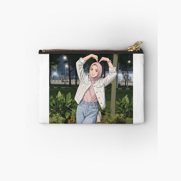 Item preview, Pink Hijab Girl Making a Heart Pose Under the Night Lights human art illustration designed and sold by sabartgunpla.