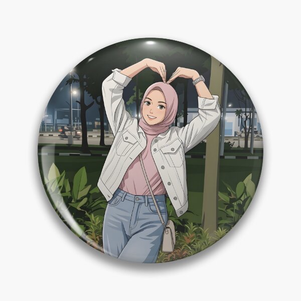 Artikelvorschau, Mädchen mit pinkem Hijab macht unter Nachtlichtern eine Herzpose – Illustration entworfen und verkauft von sabartgunpla.