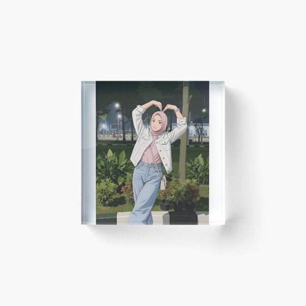 Item preview, Pink Hijab Girl Making a Heart Pose Under the Night Lights human art illustration designed and sold by sabartgunpla.