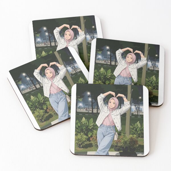 Item preview, Pink Hijab Girl Making a Heart Pose Under the Night Lights human art illustration designed and sold by sabartgunpla.