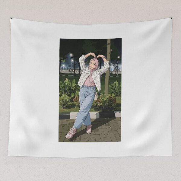 Item preview, Pink Hijab Girl Making a Heart Pose Under the Night Lights human art illustration designed and sold by sabartgunpla.