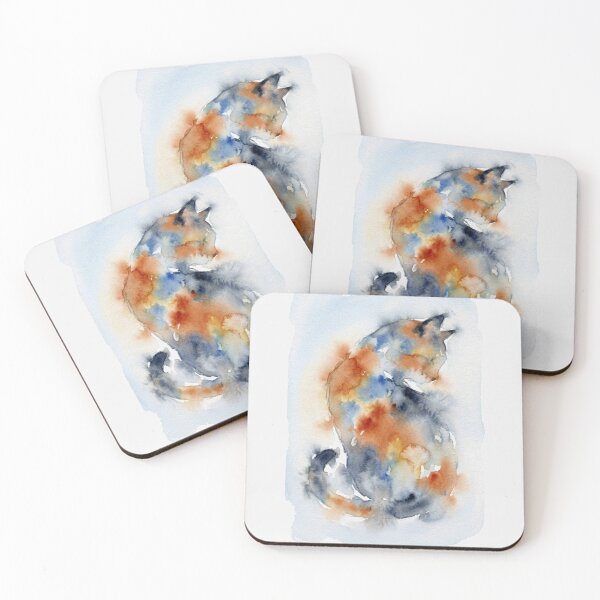 Item preview, Curled Cat Watercolor, Orange and Indigo designed and sold by caracatita75.