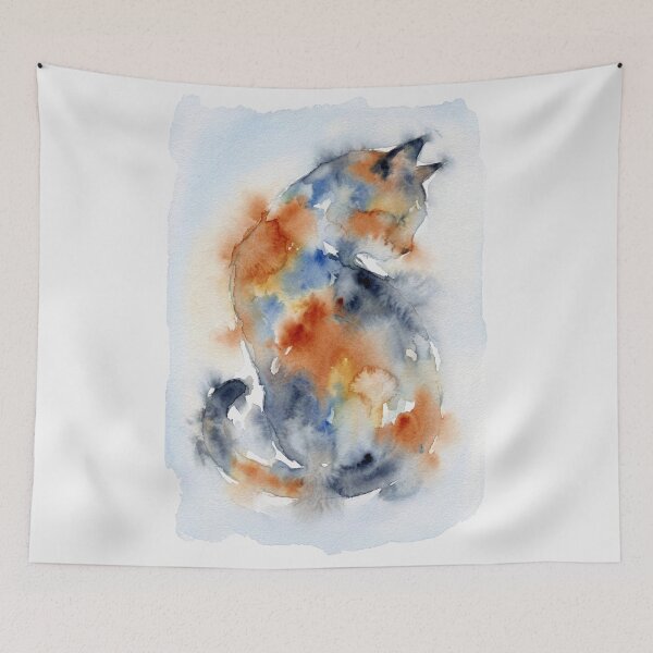 Item preview, Curled Cat Watercolor, Orange and Indigo designed and sold by caracatita75.