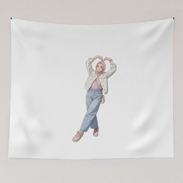 Item preview, Pink Hijab Girl Making a Heart Pose human art doodle art illustration designed and sold by sabartgunpla.