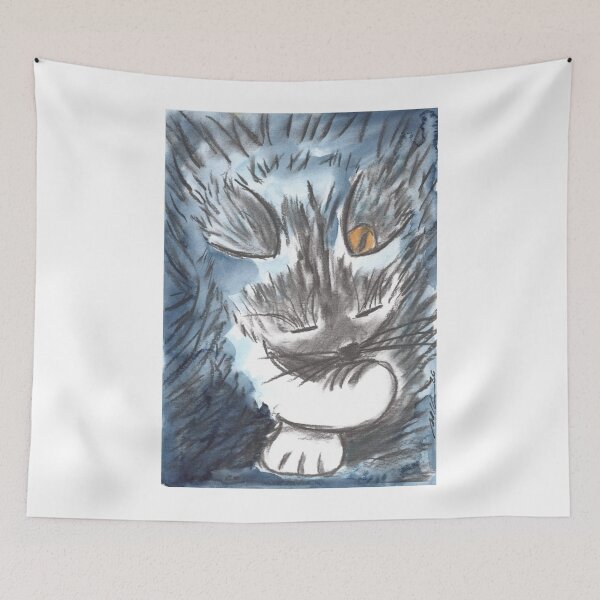 Item preview, Cat Romy, Katzenwäsche, Blue, Charcoal & Watercolour designed and sold by Anke‘s Bazaar.