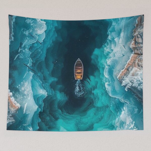 Item preview, Boat Floating in Frozen Turquoise Glacial Lake Aerial View Art designed and sold by LYAN-STORE.