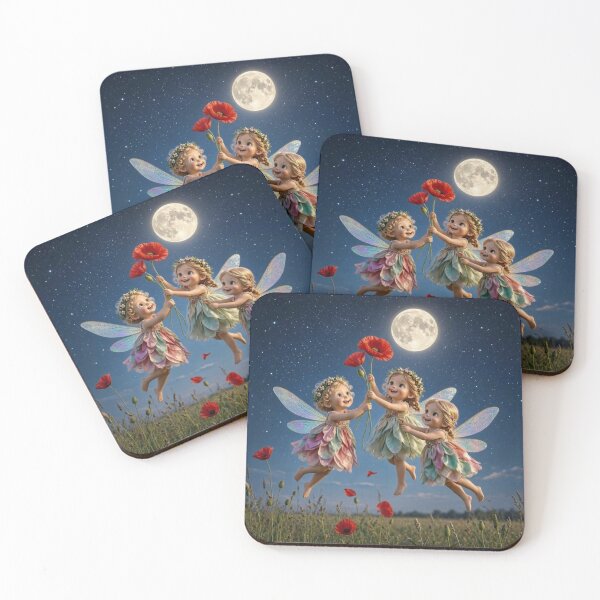 Item preview, Cute Little Fairies with Poppy Flowers Under Full Moon designed and sold by Breezes-of-Ida.