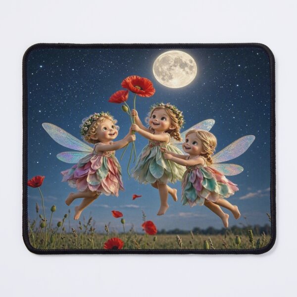 Item preview, Cute Little Fairies with Poppy Flowers Under Full Moon designed and sold by Breezes-of-Ida.