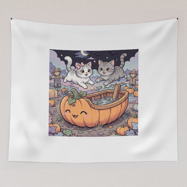 Aperçu de l'œuvre Freda and Junior Pumpkin Boat Race Kawaii Halloween Cats Fall Night créée et vendue par MAISON SYLVIE.