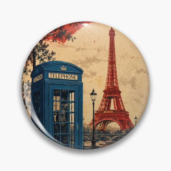 Item preview, Blue London Telephone Booth Red Eiffel Tower Retro Paris London Travel Poster designed and sold by AstraDrip Studio.