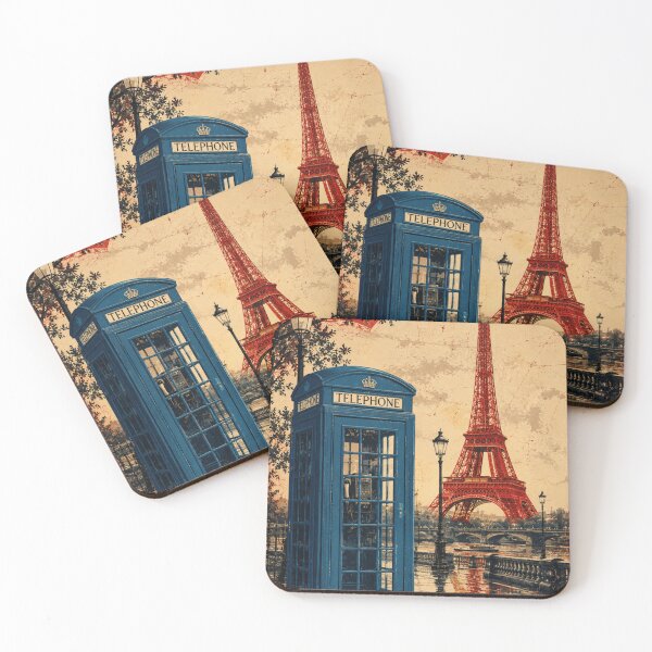 Item preview, Blue London Telephone Booth Red Eiffel Tower Retro Paris London Travel Poster designed and sold by AstraDrip Studio.