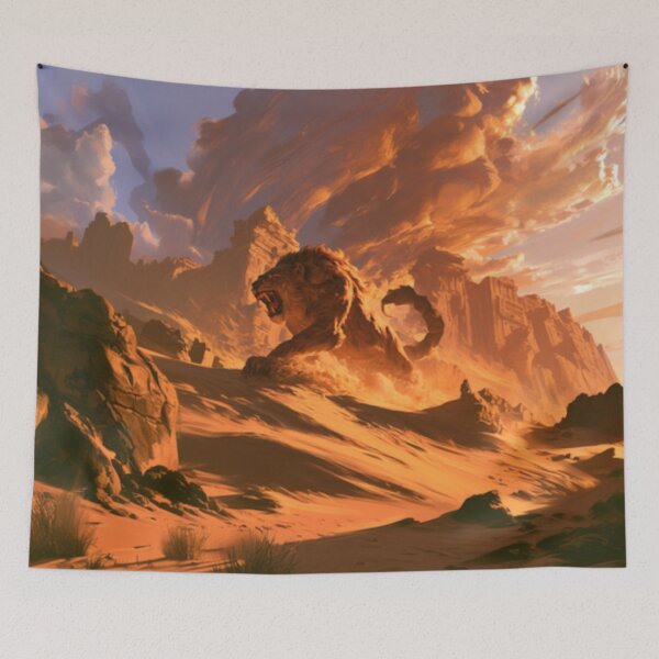 Item preview, A deadly Manticore stalking across scorching desert dunes beneath ancient ruined temples, Fantasy & Mythological Creatures designed and sold by CDC40.