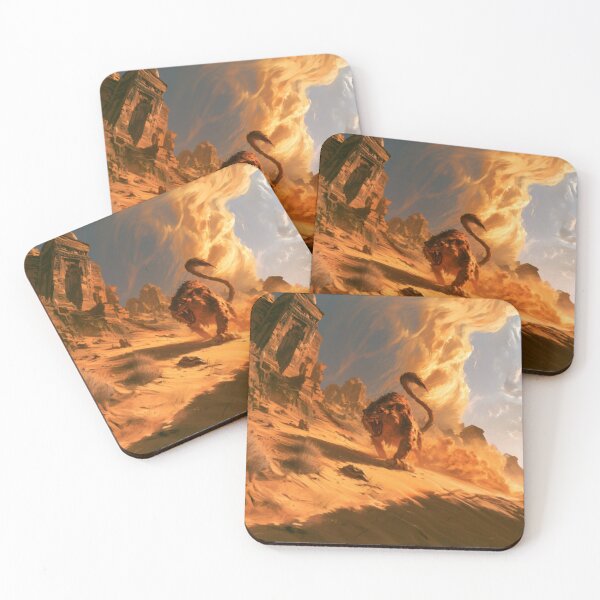 Item preview, A deadly Manticore stalking across scorching desert dunes beneath ancient ruined temples, Fantasy & Mythological Creatures designed and sold by CDC40.