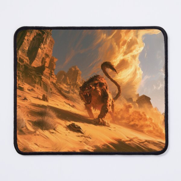 Item preview, A deadly Manticore stalking across scorching desert dunes beneath ancient ruined temples, Fantasy & Mythological Creatures designed and sold by CDC40.