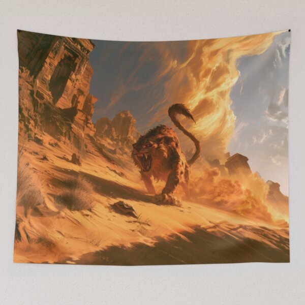 Item preview, A deadly Manticore stalking across scorching desert dunes beneath ancient ruined temples, Fantasy & Mythological Creatures designed and sold by CDC40.