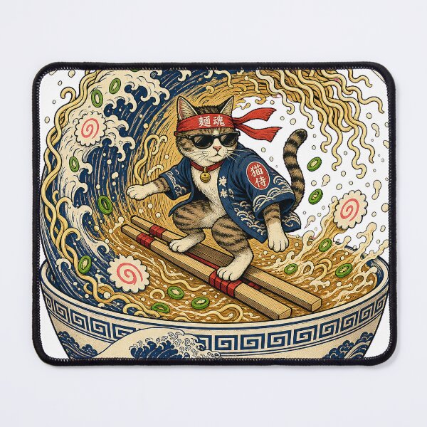 Item preview, Noodle Barrel Great Wave Surfing Cat Ramen Streetwear Graphic Tee designed and sold by KIDEnia.