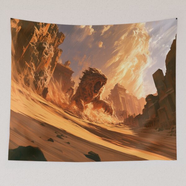 Item preview, A deadly Manticore stalking across scorching desert dunes beneath ancient ruined temples, Fantasy & Mythological Creatures designed and sold by CDC40.