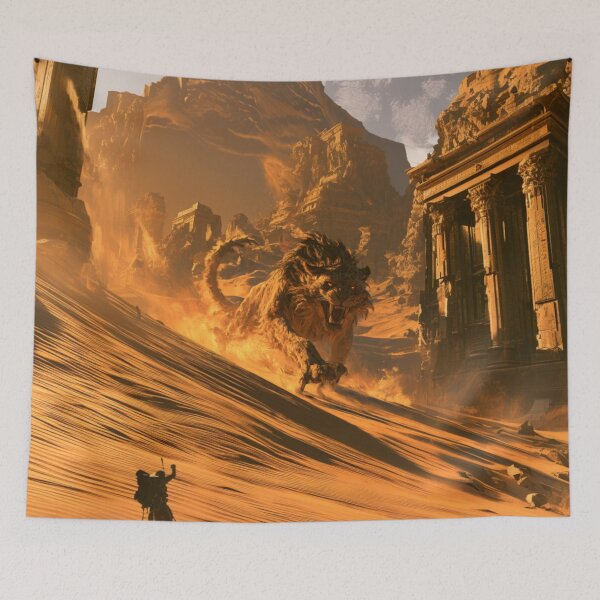 Item preview, A deadly Manticore stalking across scorching desert dunes beneath ancient ruined temples, Fantasy & Mythological Creatures designed and sold by CDC40.