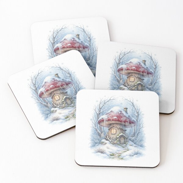 Item preview, Winter Mushroom Cottage Watercolor Fairy House Art designed and sold by CalmCapy Co.