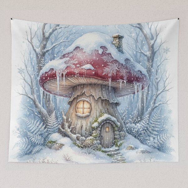 Item preview, Winter Mushroom Cottage Watercolor Fairy House Art designed and sold by CalmCapy Co.
