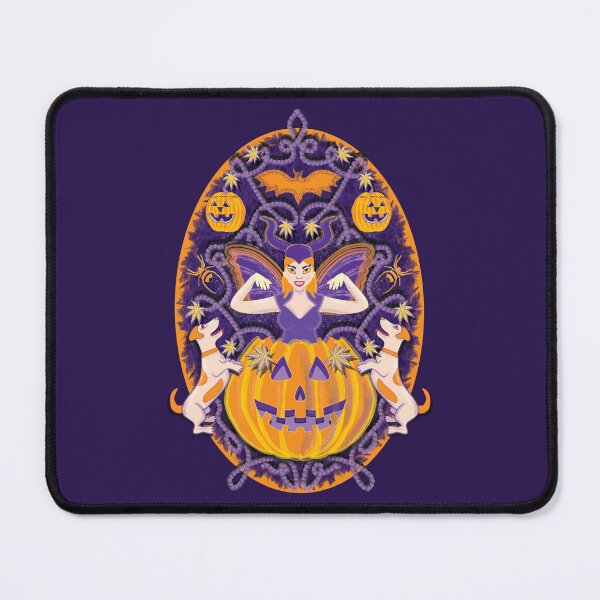 Item preview, Woman dressed as a devil emerging from a pumpkin plays with her dogs, purple designed and sold by WONDERPRINTVALLEY.
