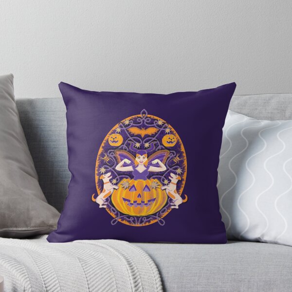 Item preview, Woman dressed as a devil emerging from a pumpkin plays with her dogs, purple designed and sold by WONDERPRINTVALLEY.