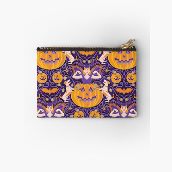 Item preview, Woman dressed as a devil emerging from a pumpkin plays with her dogs, purple designed and sold by WONDERPRINTVALLEY.