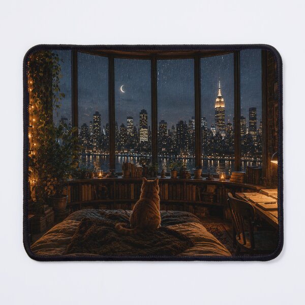 Item preview, Cat Looking at Manhattan in the Rain designed and sold by VECINDARIO MULTIVERSO.
