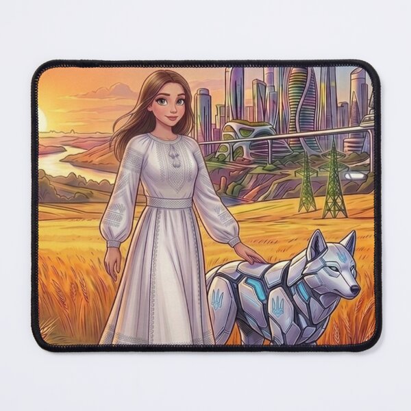 Item preview, Futuristic Ukraine Maiden with Cyber Wolf in Wheat Field designed and sold by ElenMart.