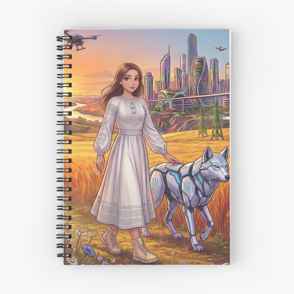 Item preview, Futuristic Ukraine Maiden with Cyber Wolf in Wheat Field designed and sold by ElenMart.