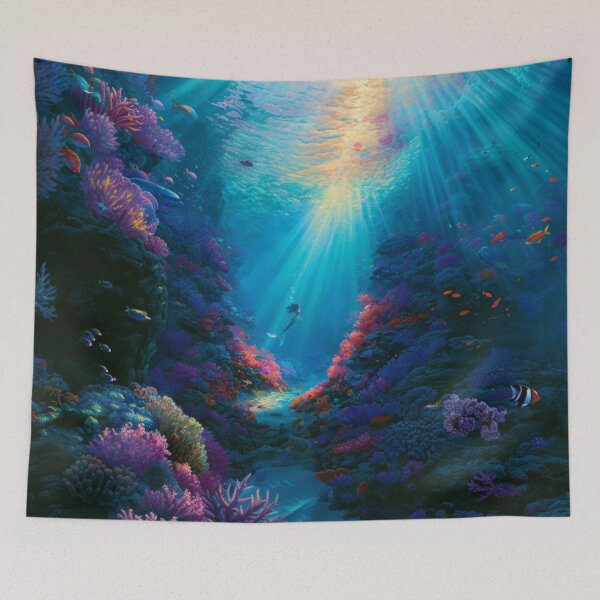 Item preview, A beautiful Mermaid swimming among colourful coral reefs surrounded by tropical fish and shafts of sunlight filtering through crystal-clear water, Fantasy & Mythological Creatures designed and sold by CDC40.