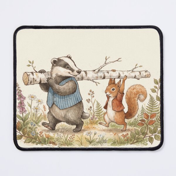 Item preview, Vintage Watercolor Badger and Squirrel Carrying a Log - Classic Storybook Art designed and sold by Pasteltone.