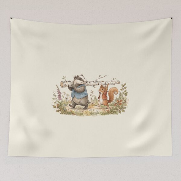 Item preview, Vintage Watercolor Badger and Squirrel Carrying a Log - Classic Storybook Art designed and sold by Pasteltone.