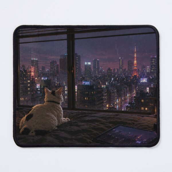 Item preview, Cat watching the Tokyo Tower from the bed designed and sold by VECINDARIO MULTIVERSO.