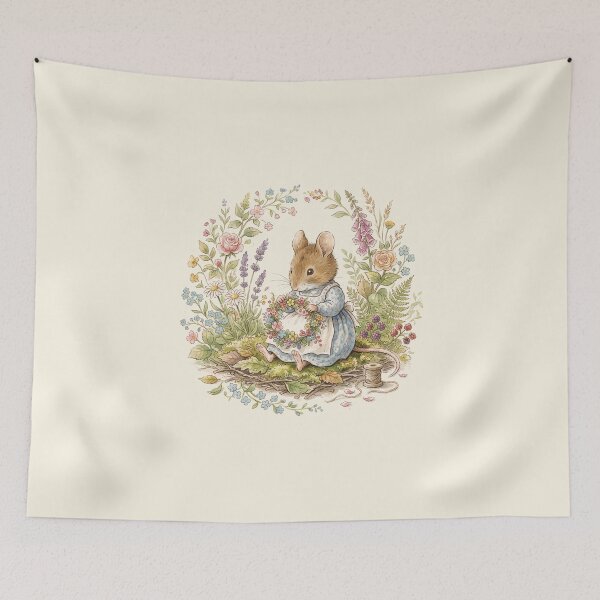 Item preview, Vintage Watercolor Mouse Crafting a Wreath - Classic Storybook Art designed and sold by Pasteltone.
