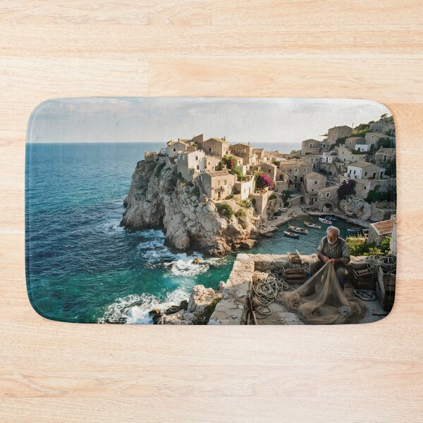 Item preview, Blue Horizon: Cliffside Village and Fisherman in the Mediterranean Art Print, Travel Documentary Photography designed and sold by SOOstudio73.