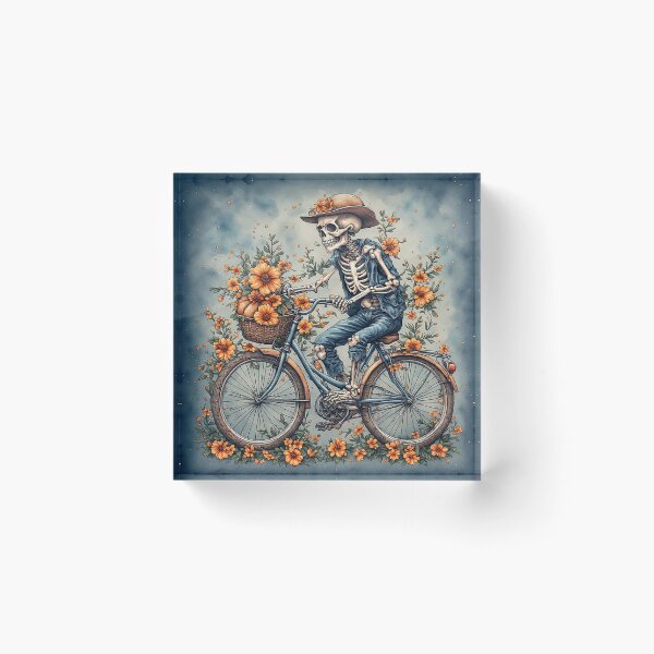 Item preview, Skeleton Riding Bicycle with Orange Flowers Watercolor Art designed and sold by emiliacreations.