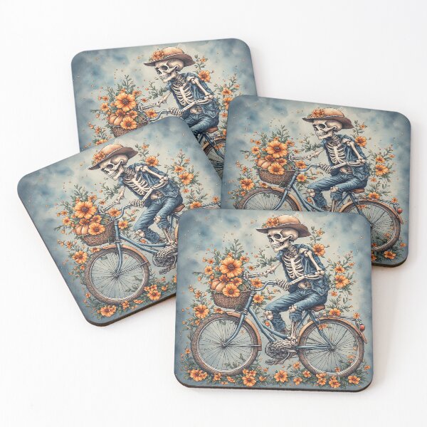 Item preview, Skeleton Riding Bicycle with Orange Flowers Watercolor Art designed and sold by emiliacreations.