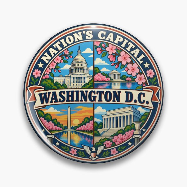 Item preview, Washington DC Capital Landmarks and Cherry Blossoms Badge designed and sold by DreamLayerStudio.