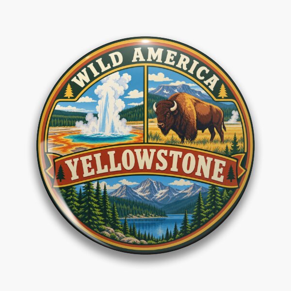 Item preview, Yellowstone National Park Bison Geyser Wilderness Retro Badge designed and sold by DreamLayerStudio.