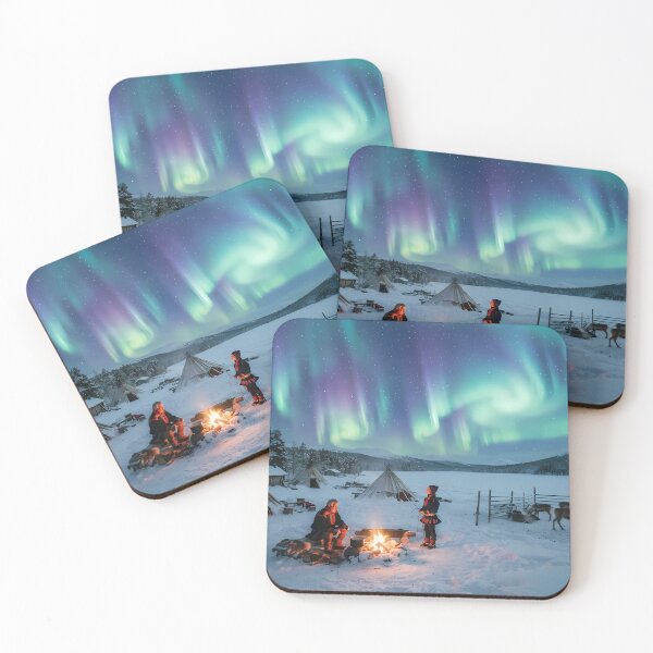 Item preview, Symphony of the Northern Lights: Reindeer Camp and Aurora Borealis Art Print, Nordic Documentary Photography designed and sold by SOOstudio73.